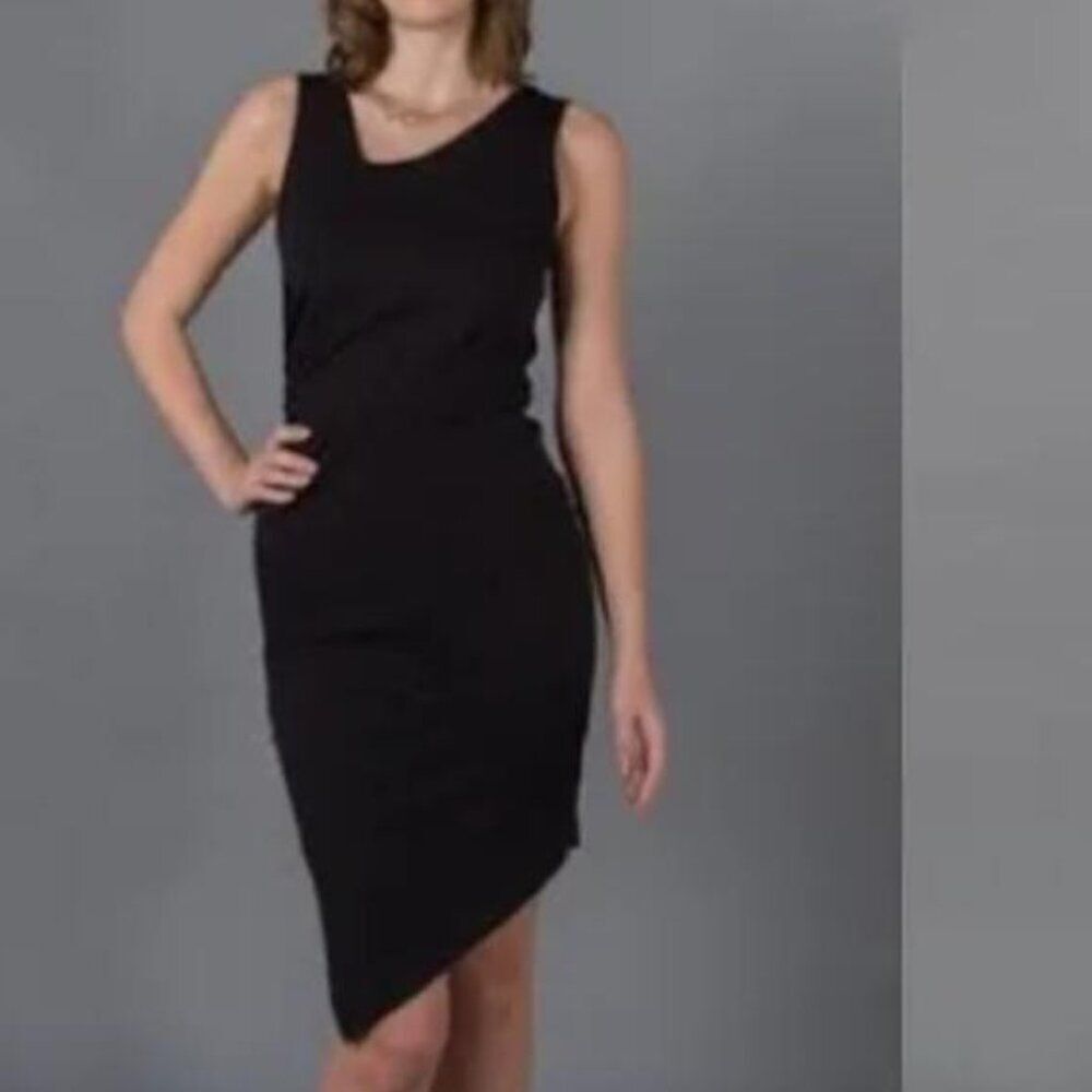 Betabrand Womens M No Sweat Sleeveless Asymmetrical Dress Black Stretch Sheath